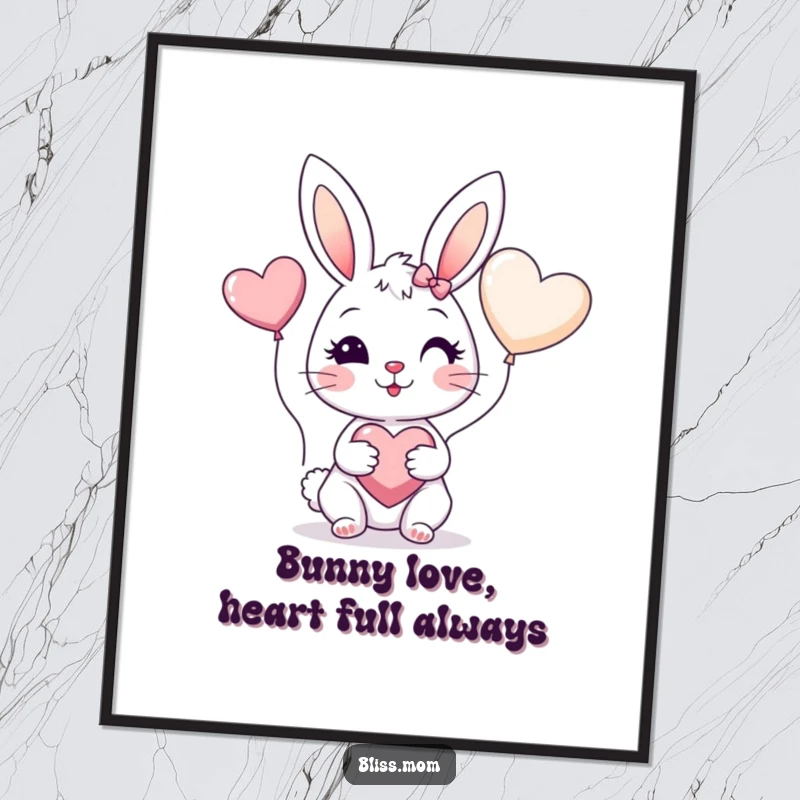 Funny Free Printable Wall Art: Cheerful bunny mom with rosy cheeks holding a red heart balloon, adorable decor.