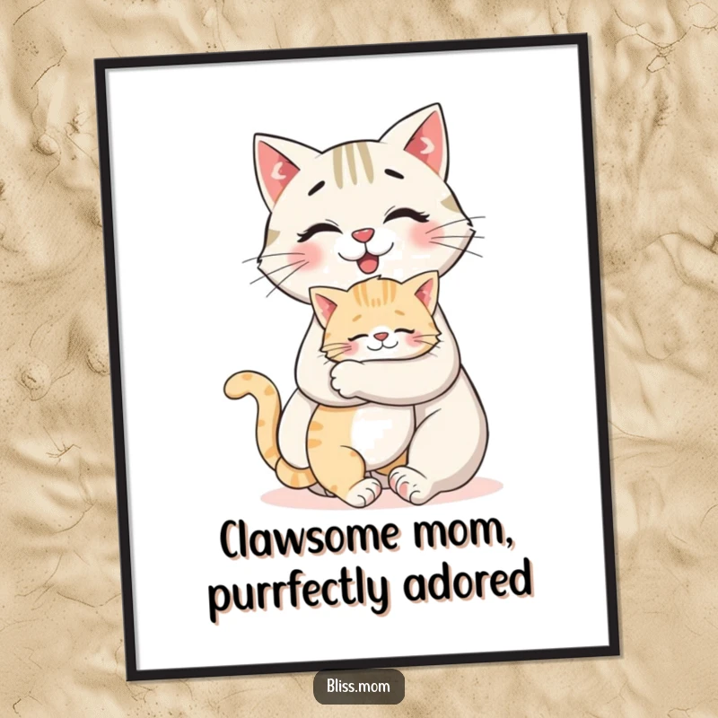 Funny Free Printable Wall Art: Smiling cat mom receiving a giant, loving hug from her adorable kitten, heartwarming.