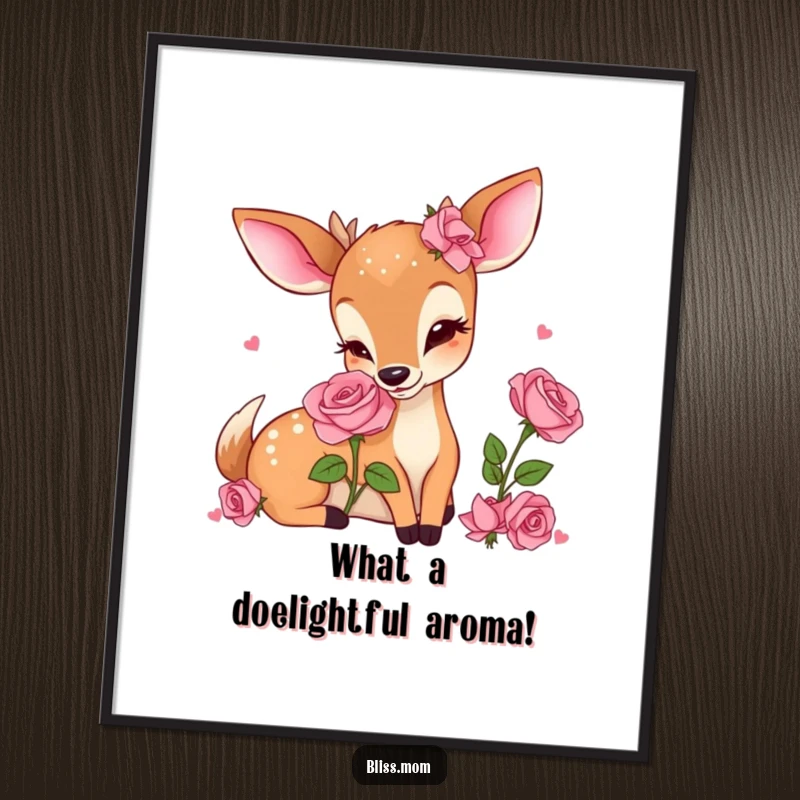 Funny Free Printable Wall Art: Cute kawaii deer mom with eyes closed, enjoying the sweet perfume of a lush rose.
