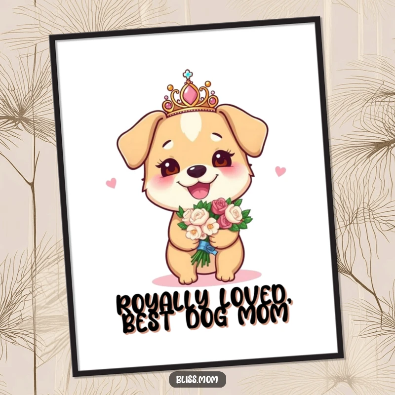 Funny Free Printable Wall Art: Joyous dog mom wearing a sparkly tiara, holding a bouquet, celebrating canine love.