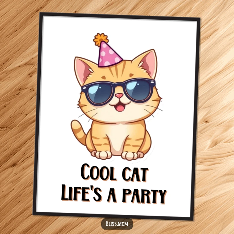 Funny free printable wall art of a giggling cat wearing small sunglasses and a party hat, looking super cool and ready to party.