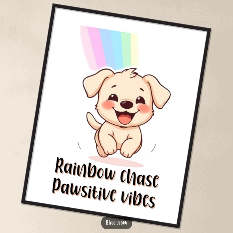 Whimsical free printable wall art of a delighted puppy with a wide grin, joyfully running after a bright, magical rainbow.