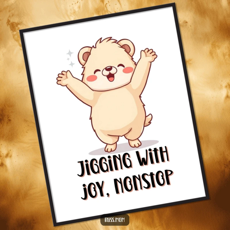 Funny Free Printable Wall Art: A fluffy animal in mid-jig, arms in the air, radiating pure joy.