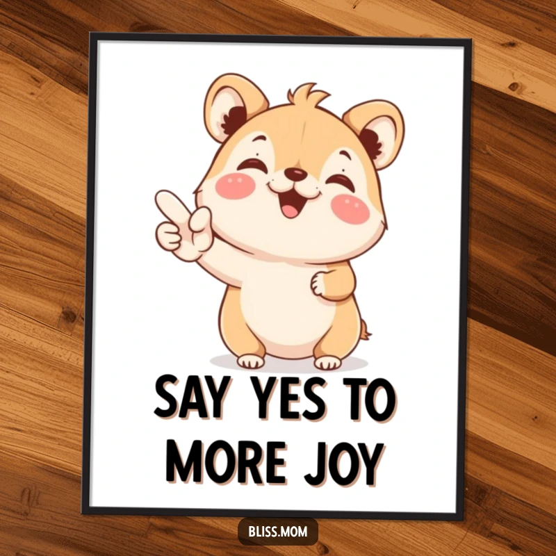 Funny Free Printable Wall Art: Small animal beaming with happiness, holding a big YES sign. An uplifting piece.