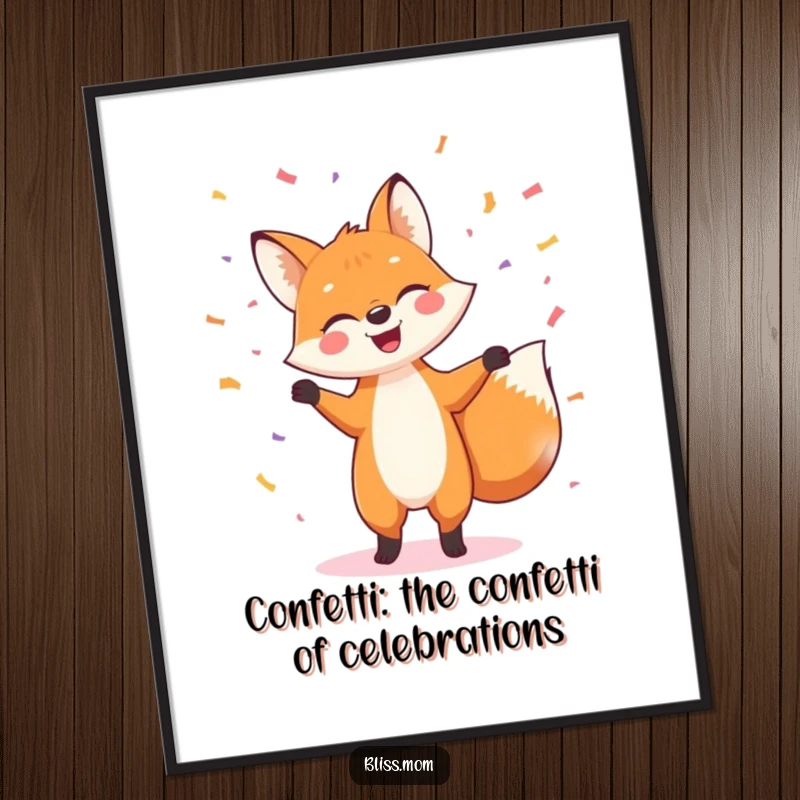 Funny Free Printable Wall Art: A cheerful fox is captured mid-dance with confetti flying, bringing energetic joy to your walls.