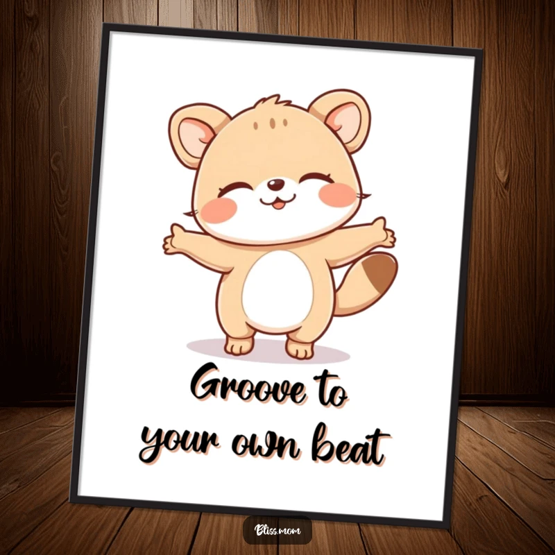 Funny free printable wall art of an animal doing a joyful happy dance with eyes closed, radiating pure happiness.