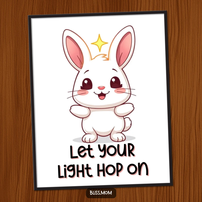 Funny Free Printable Wall Art: A happy rabbit with sparkling eyes, holding a radiant, glowing orb of light.