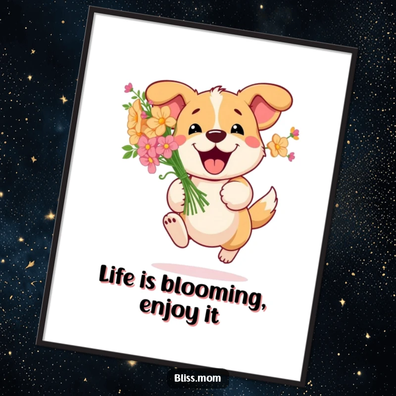 Funny Free Printable Wall Art: A happy dog in full stride, carrying a lovely bouquet of flowers.