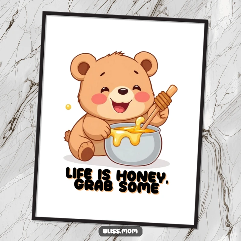 Funny Free Printable Wall Art: A smiling bear cub with pure delight, reaching for a big pot of golden honey.