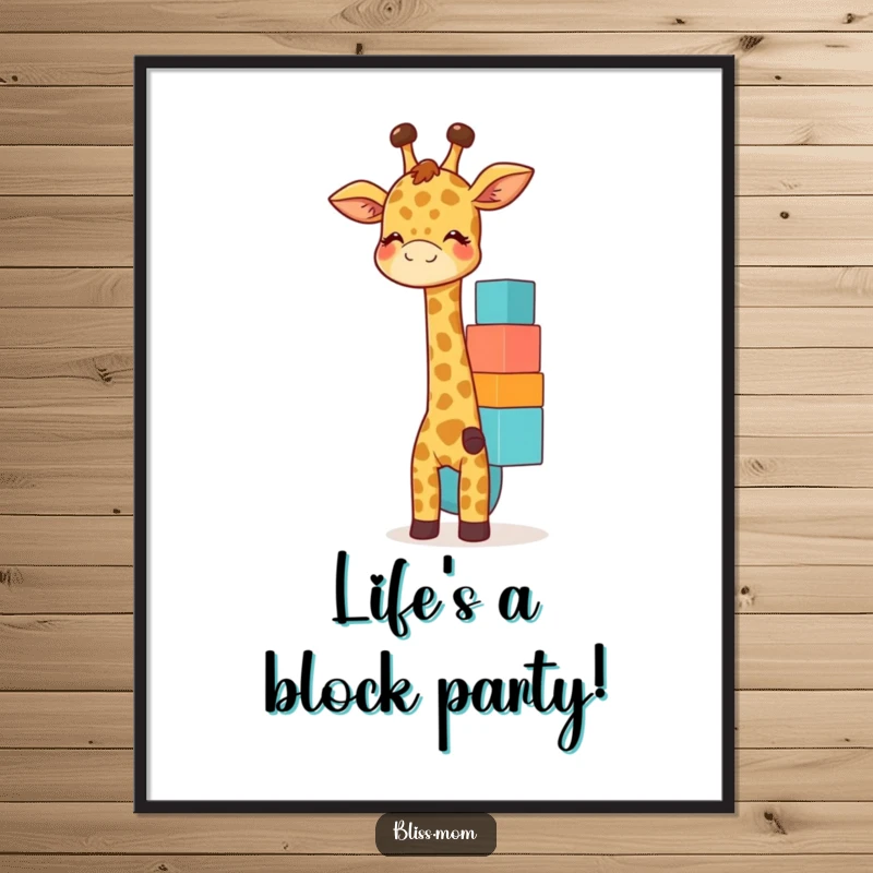 Funny Free Printable Wall Art depicting a giggling giraffe mom happily balancing colorful blocks, adding playful charm to your walls.