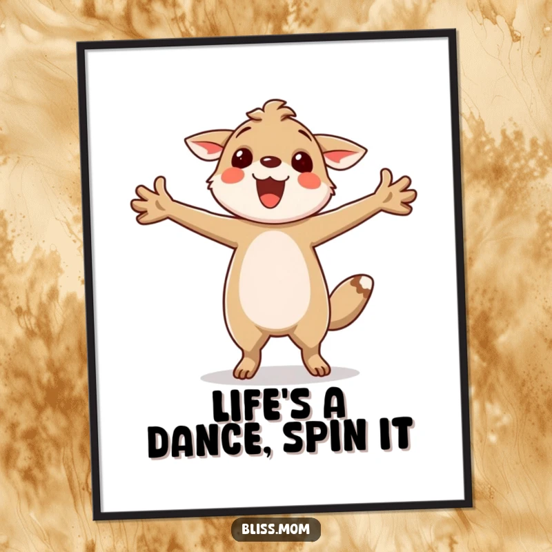 Funny free printable wall art of a happy animal joyfully twirling with arms outstretched, radiating pure bliss.