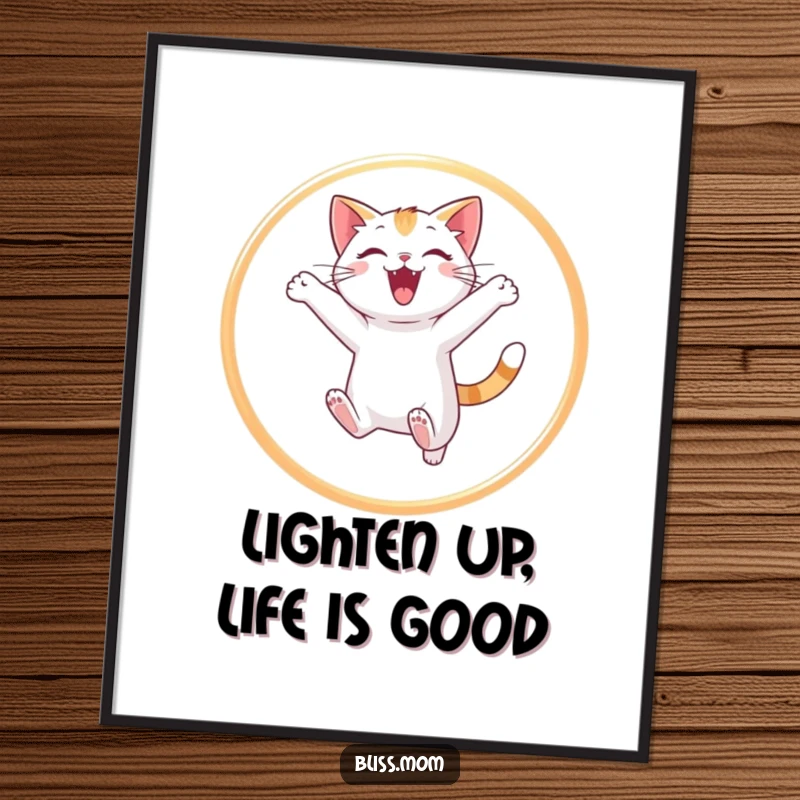 Funny Free Printable Wall Art: A cheeky cat leaping dynamically through a radiant hoop of light, full of mischief.