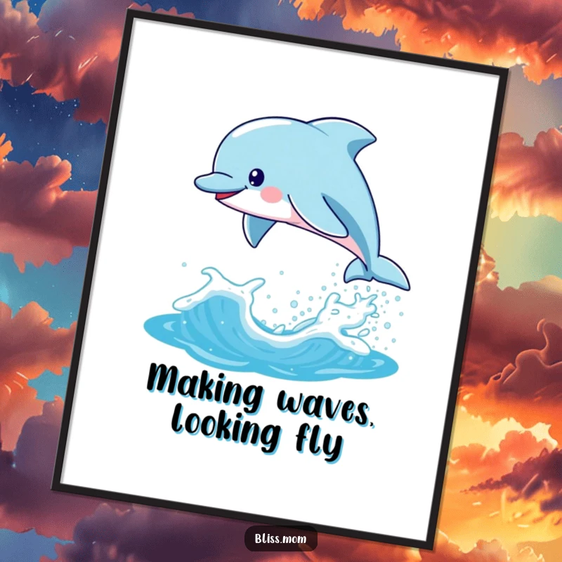 Funny Free Printable Wall Art: Cute kawaii dolphin mom executing a playful leap from a cresting, sparkling wave.