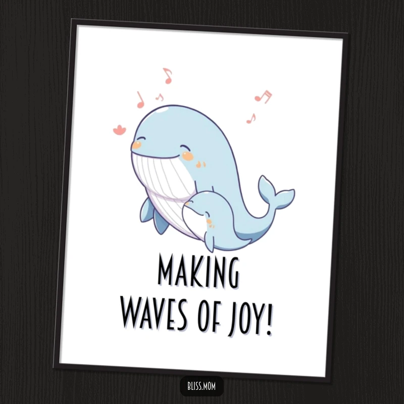 Funny Free Printable Wall Art of a blissful whale mom singing a joyous melody with her calf, bringing ocean serenity home.