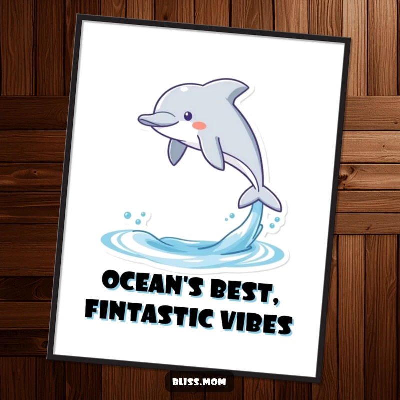 Funny Free Printable Wall Art: Energetic kawaii dolphin joyfully leaping from the sea, exuding happiness and playful spirit.