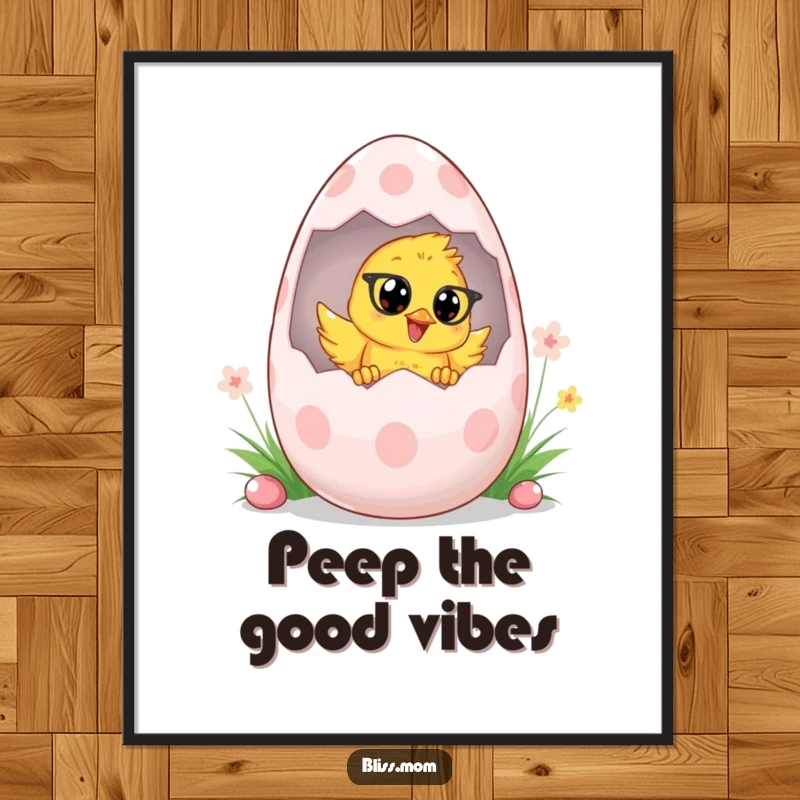 Funny Free Printable Wall Art: energetic chick mom peeking from a large Easter egg, bringing spring cheer and humor.