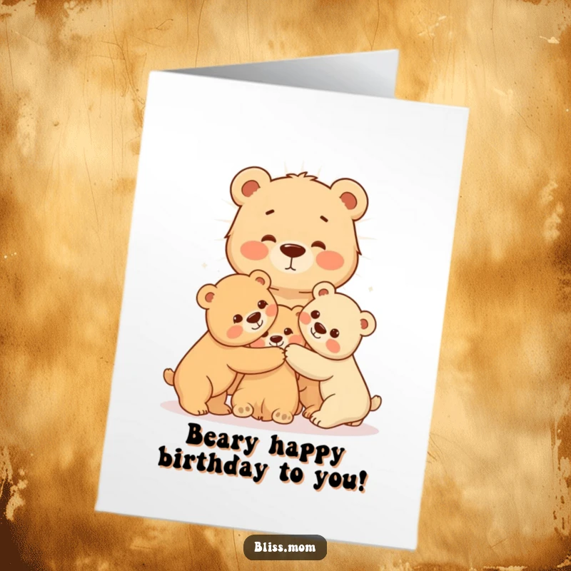 Funny Free Printable Birthday Card: Radiating mama bear shares a warm hug with her adorable cubs, spreading birthday cheer.