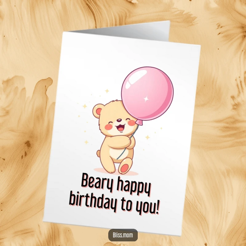 Free printable birthday card showing a joyful bear cub hugging a giant, sparkly balloon, symbolizing birthday wishes and happiness.
