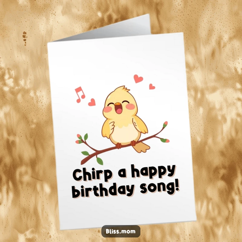 Funny Free Printable Birthday Card: A cheerful bird passionately singing its heart out while perched on a leafy branch.