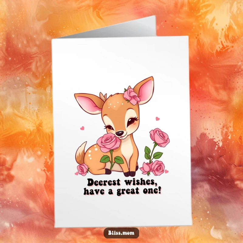 Funny Free Printable Birthday Card: Kawaii deer mom blissfully smelling a vibrant rose, spreading joy.
