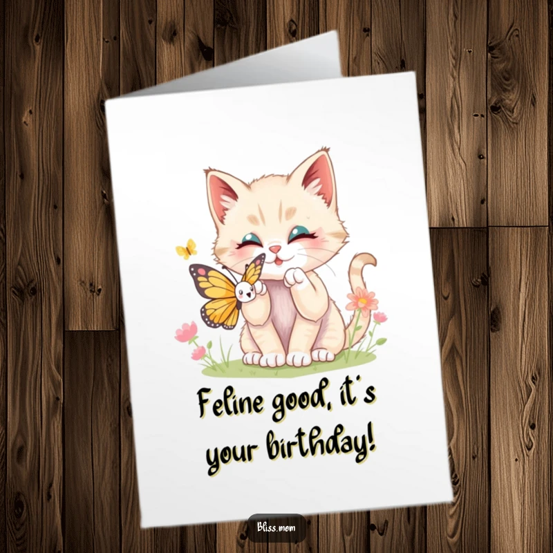 Funny Free Printable Birthday Card: Kawaii kitten playfully batting at a butterfly, a cute and humorous downloadable gift.