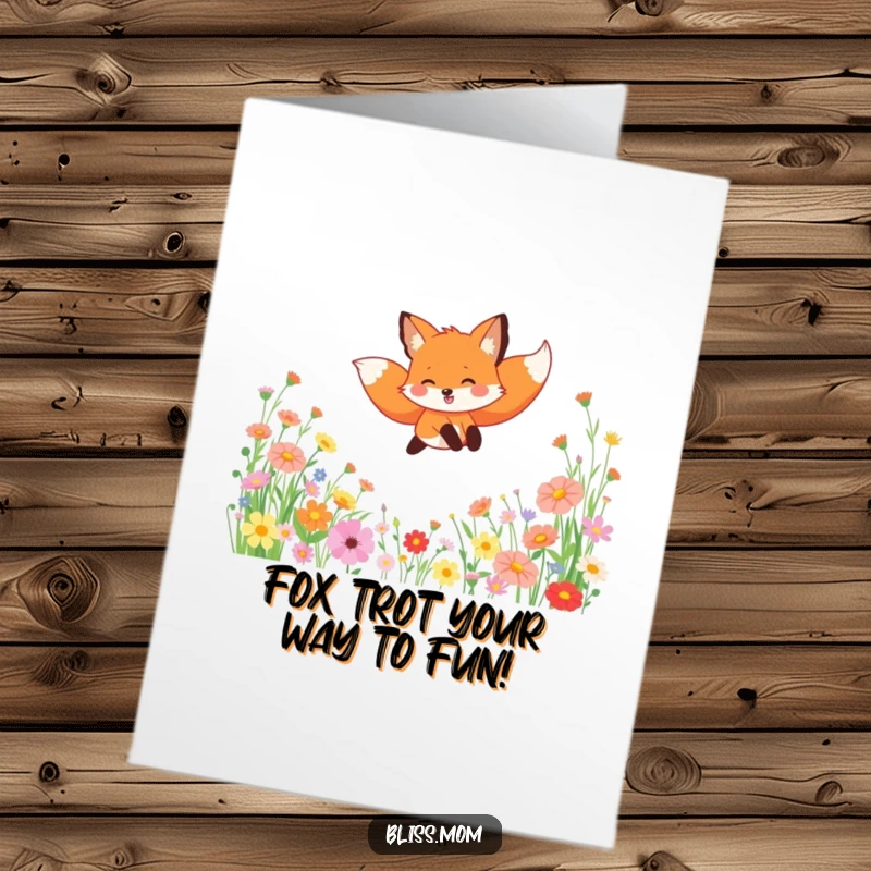 Funny Free Printable Birthday Card: A gleeful fox joyfully leaps through a field of colorful wildflowers, celebrating with pure delight.