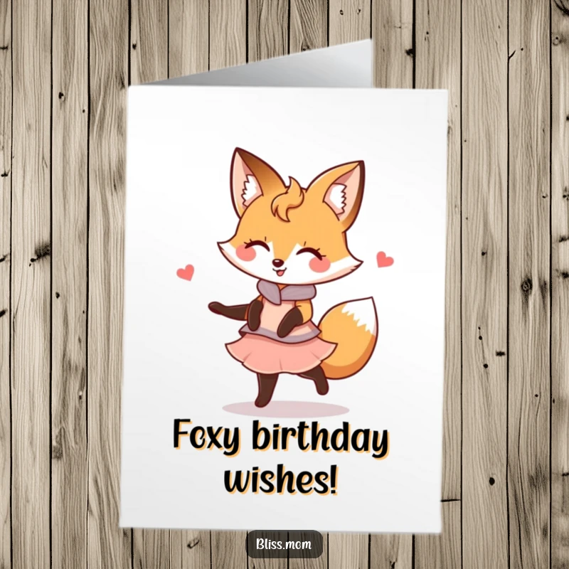 Funny free printable birthday card of a kawaii fox mom twirling gracefully with a happy expression, celebrating a birthday.
