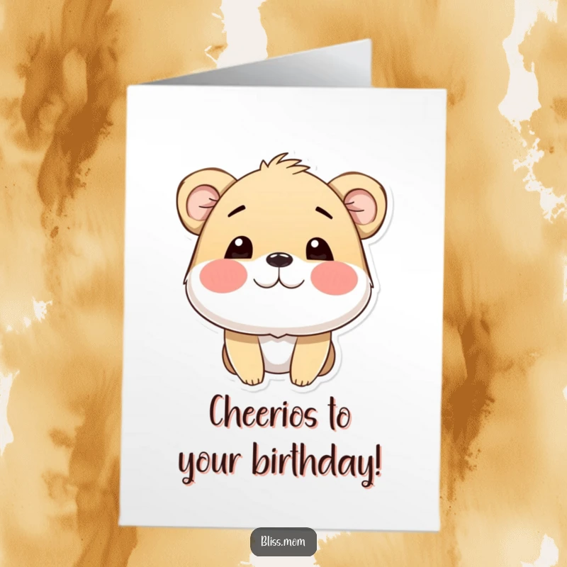 Funny free printable birthday card of a cute animal with cheeks puffed out, beaming with happiness.