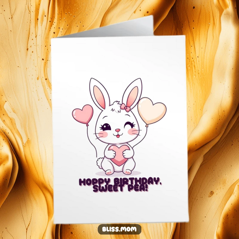 Funny Free Printable Birthday Card: Cheerful bunny mom with rosy cheeks holds a heart balloon, spreading joy.