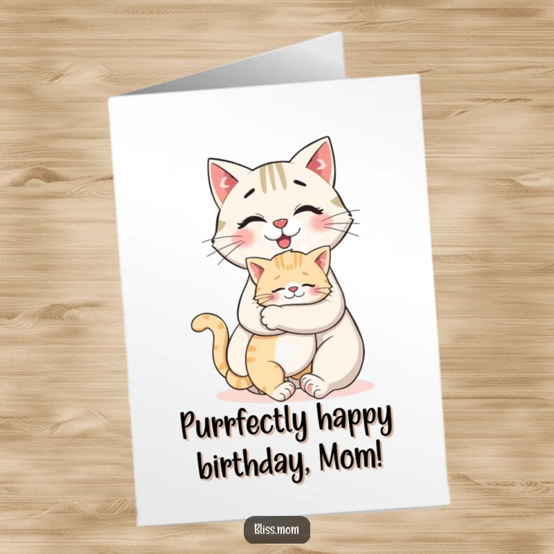 Funny Free Printable Birthday Card: Smiling cat mom gets a big hug from her cute kitten, celebrating love.