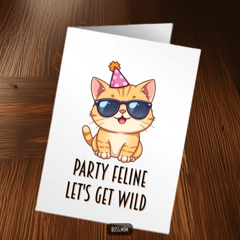 Funny free printable birthday card of a giggling cat wearing tiny sunglasses and a party hat, radiating cool birthday vibes.