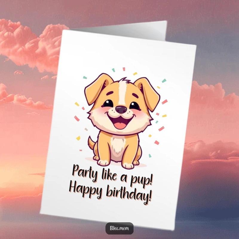 Funny free printable birthday card of a happy dog with a beaming smile, surrounded by colorful confetti, celebrating joyfully.