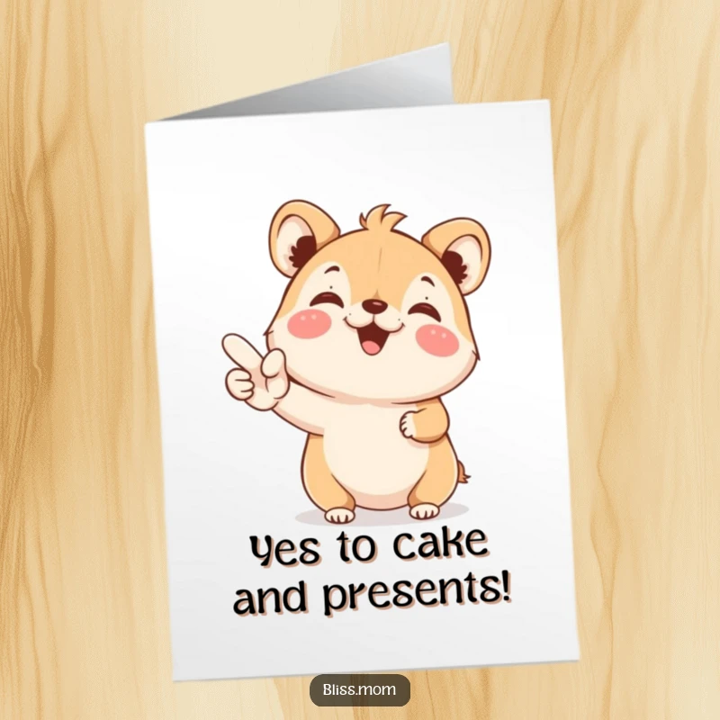 Funny Free Printable Birthday Card: Small animal beaming with joy, holding a large YES sign. Enthusiastic art.