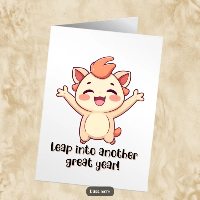 Funny Free Printable Birthday Card: A creature leaps high with joy, radiating a radiant and carefree expression.