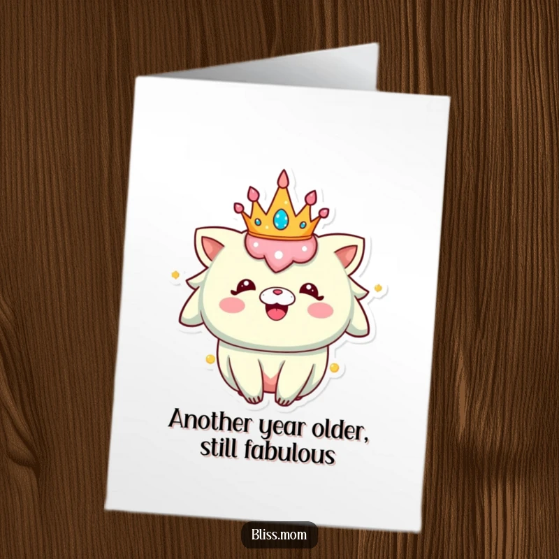 Funny Free Printable Birthday Card: Creature with a sparkly crown, radiating pure happiness and celebratory vibes.