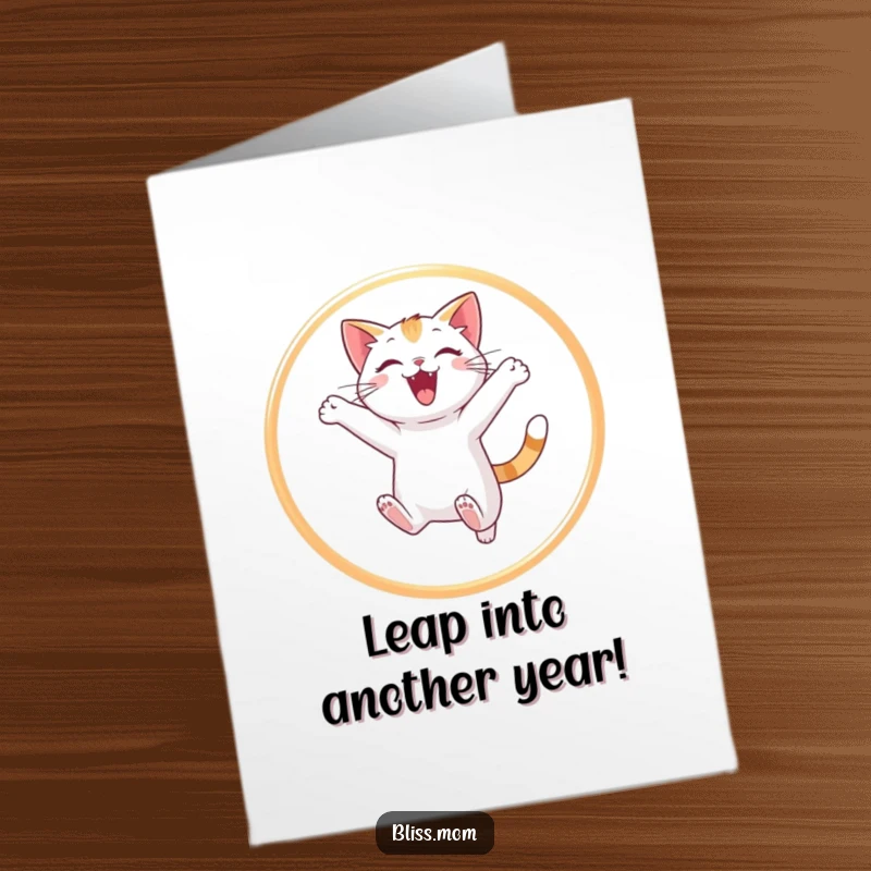 Funny Free Printable Birthday Card: Playful cat joyfully leaping through a glowing hoop, ready to deliver birthday wishes.