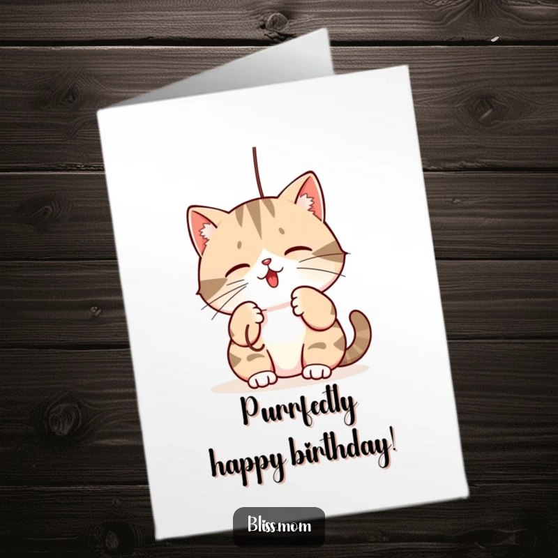 Funny Free Printable Birthday Card: Kawaii mama cat batting playfully at a dangling string, perfect DIY gift.