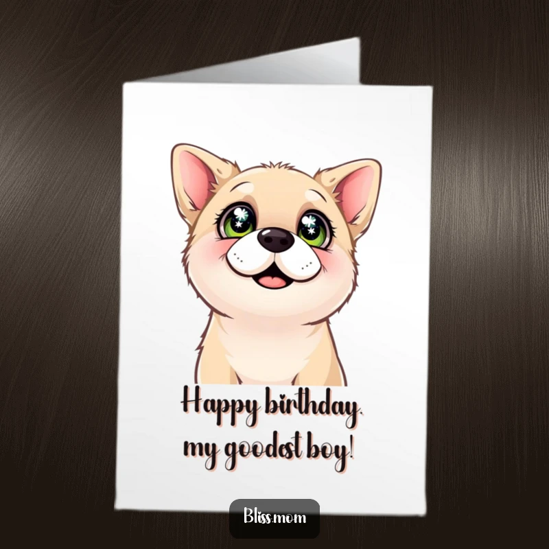 Funny Free Printable Birthday Card: A content dog looks up with sparkling, happy eyes, ready to celebrate your special day.