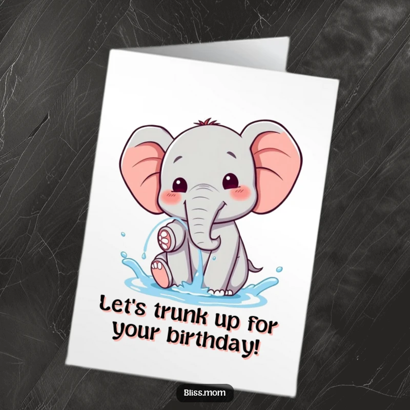 Funny Free Printable Birthday Card: Happy kawaii elephant joyfully spraying water, a delightful downloadable greeting.