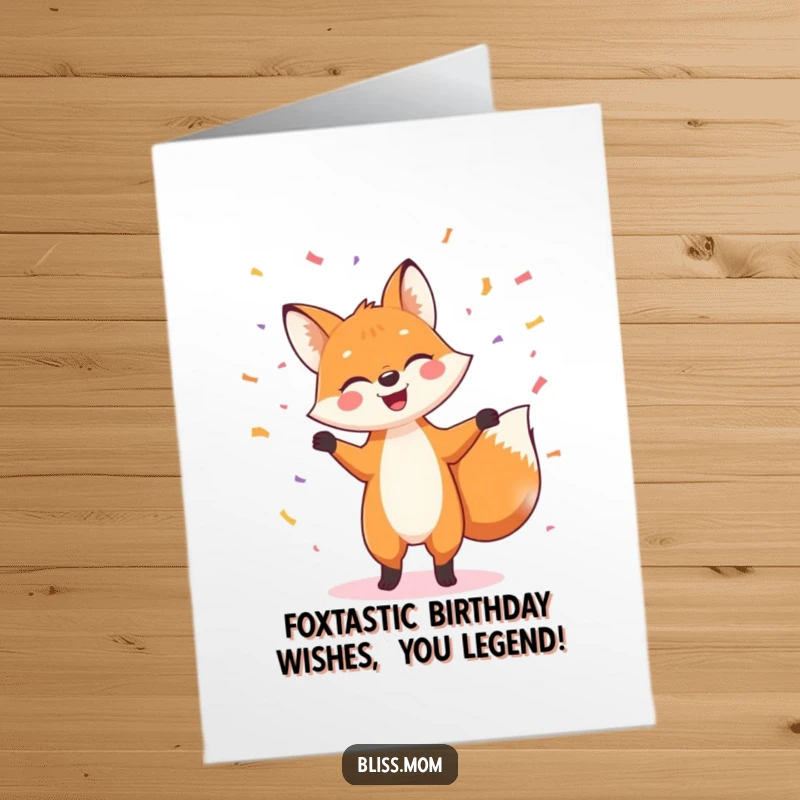 Funny Free Printable Birthday Card: Cheerful fox joyfully dances amidst falling confetti, radiating pure birthday happiness.