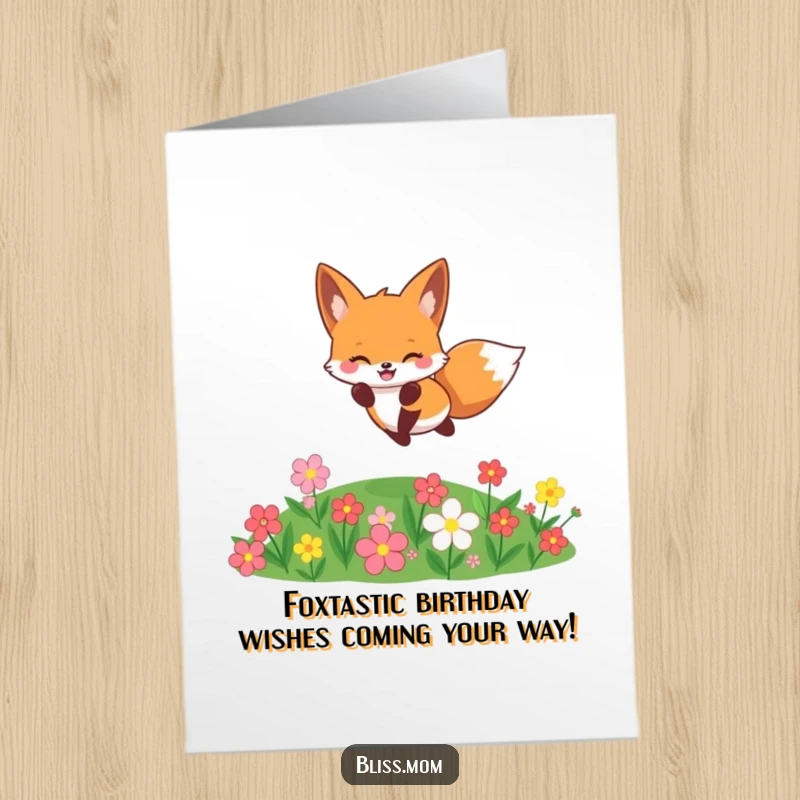 Funny Free Printable Birthday Card: Cheerful kawaii fox leaping playfully over a colorful flower patch.