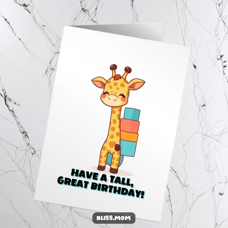 Funny Free Printable Birthday Card showcasing a giggling giraffe mom balancing colorful blocks, a playful downloadable gift.