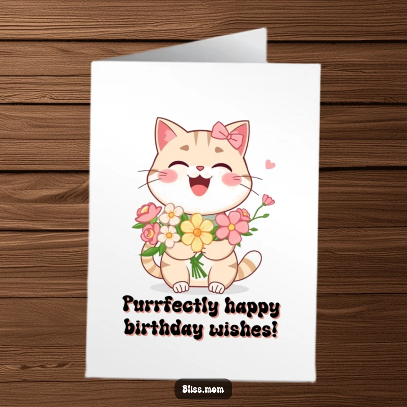Funny free printable birthday card featuring a kawaii cat mom laughing heartily holding a vibrant bouquet of flowers, perfect for cat lovers.