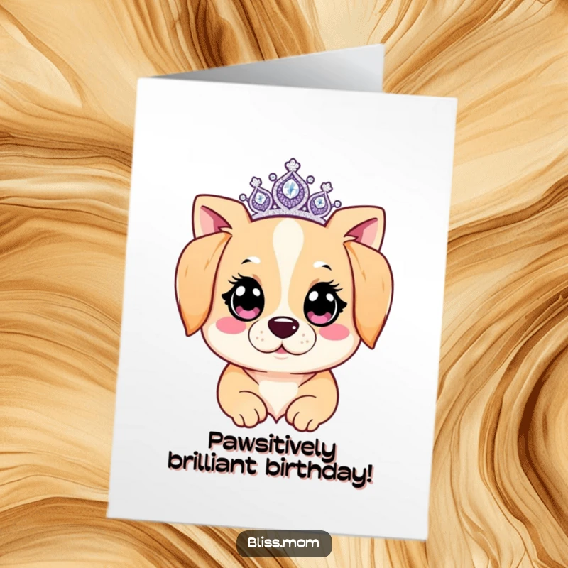 Funny free printable birthday card of a kawaii dog mom with sparkling eyes, wearing a tiara, celebrating with joy.