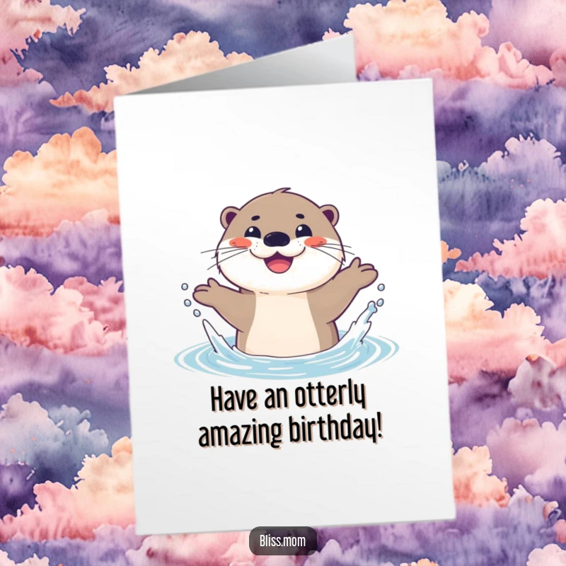 Funny Free Printable Birthday Card: A joyful otter splashes in water, wearing a wide, infectious smile and celebrating.