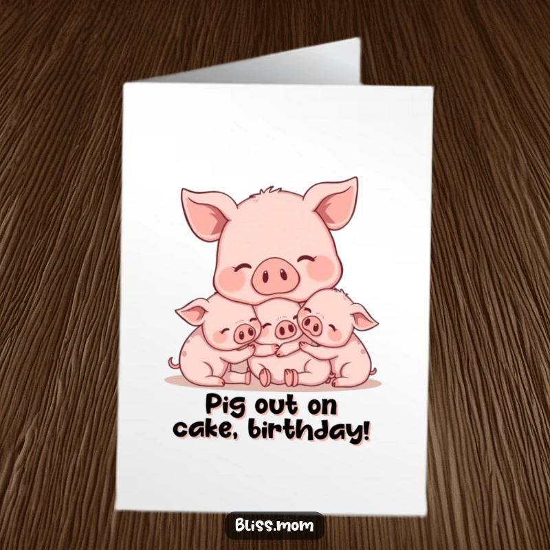Funny Free Printable Birthday Card featuring a contented mama pig snuggling with her adorable piglets, sending birthday love.