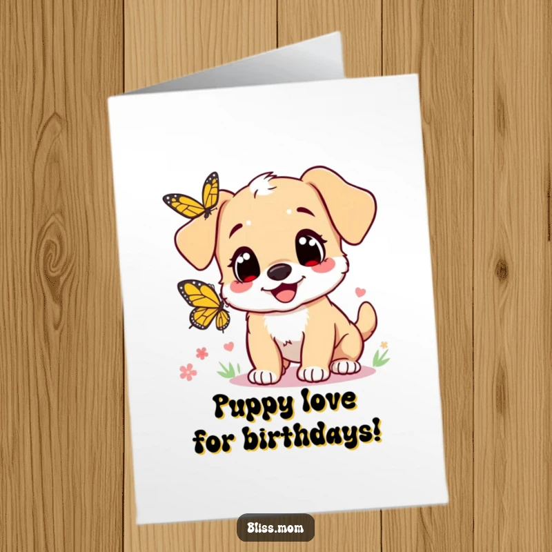 Funny Free Printable Birthday Card: Puppy mom with heart eyes joyfully chasing a butterfly, perfect DIY gift.