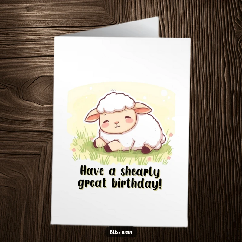 Funny Free Printable Birthday Card: A content sheep peacefully dozing off in a lush, soft green meadow, embodying ultimate calm.