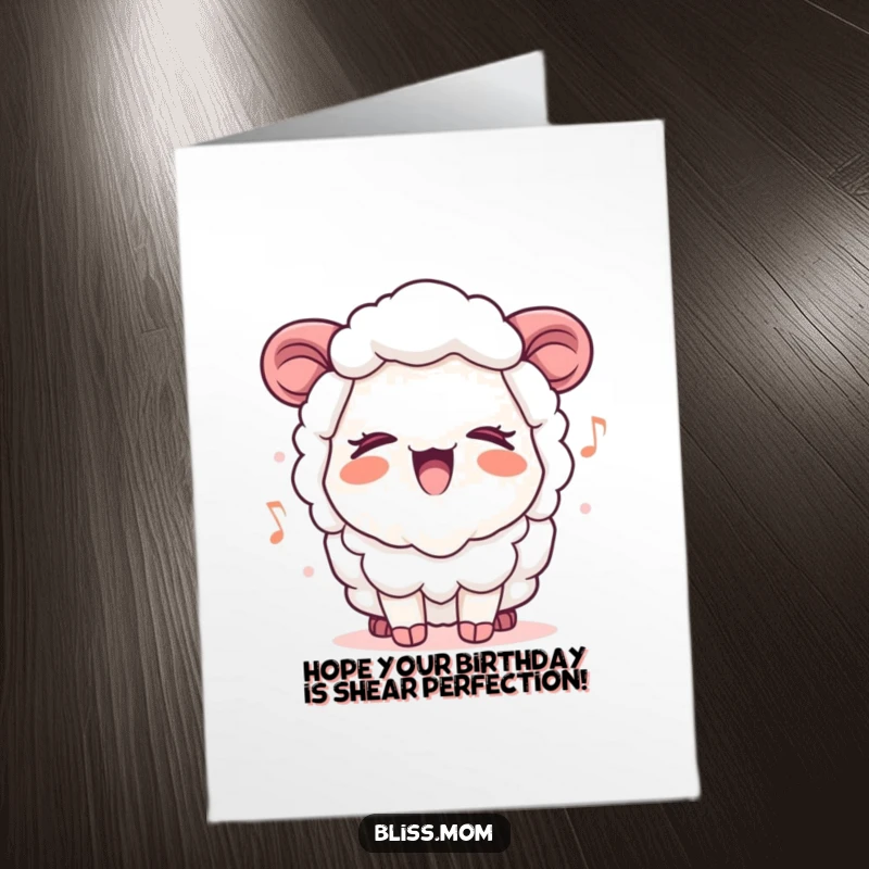 Funny Free Printable Birthday Card: Whimsical kawaii sheep mom singing joyfully with eyes closed, radiating happiness.