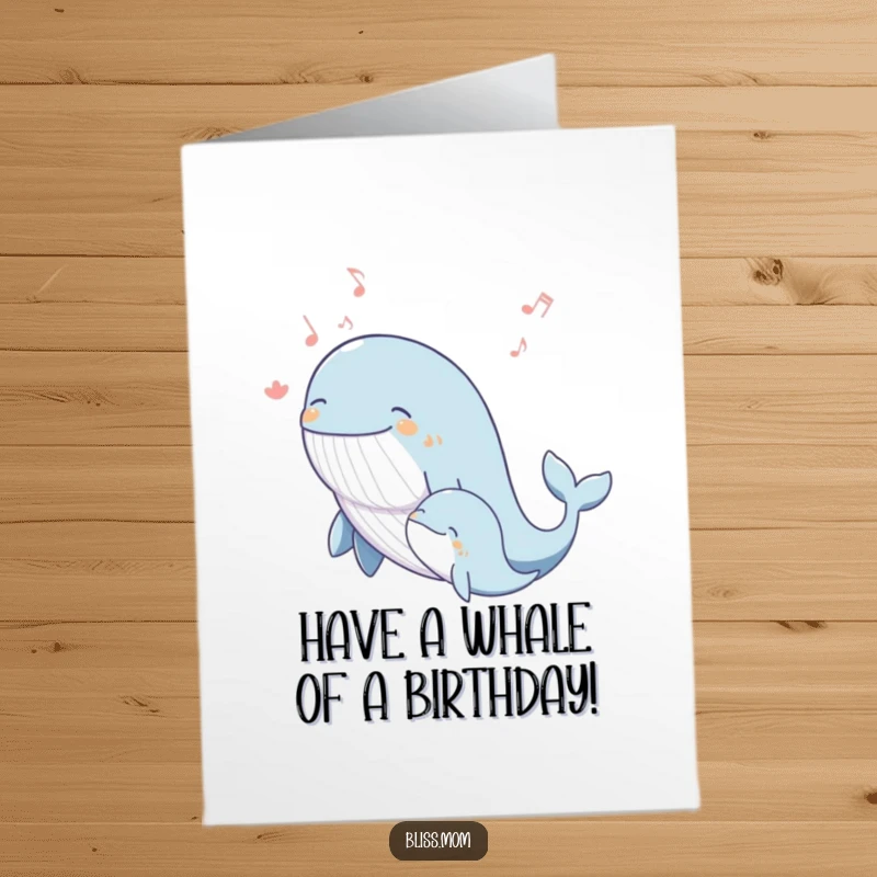 Funny Free Printable Birthday Card featuring a blissful whale mom singing with her calf, a serene downloadable gift.